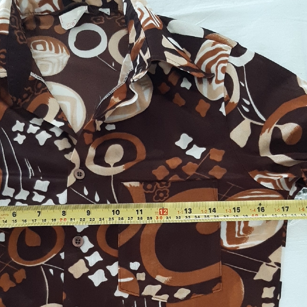 70's☮PAULO CONTI "Mod"VINTAGE Rust & Brown Printed Button-Down MEN'S Shirt Sz M - Picture 9 of 10